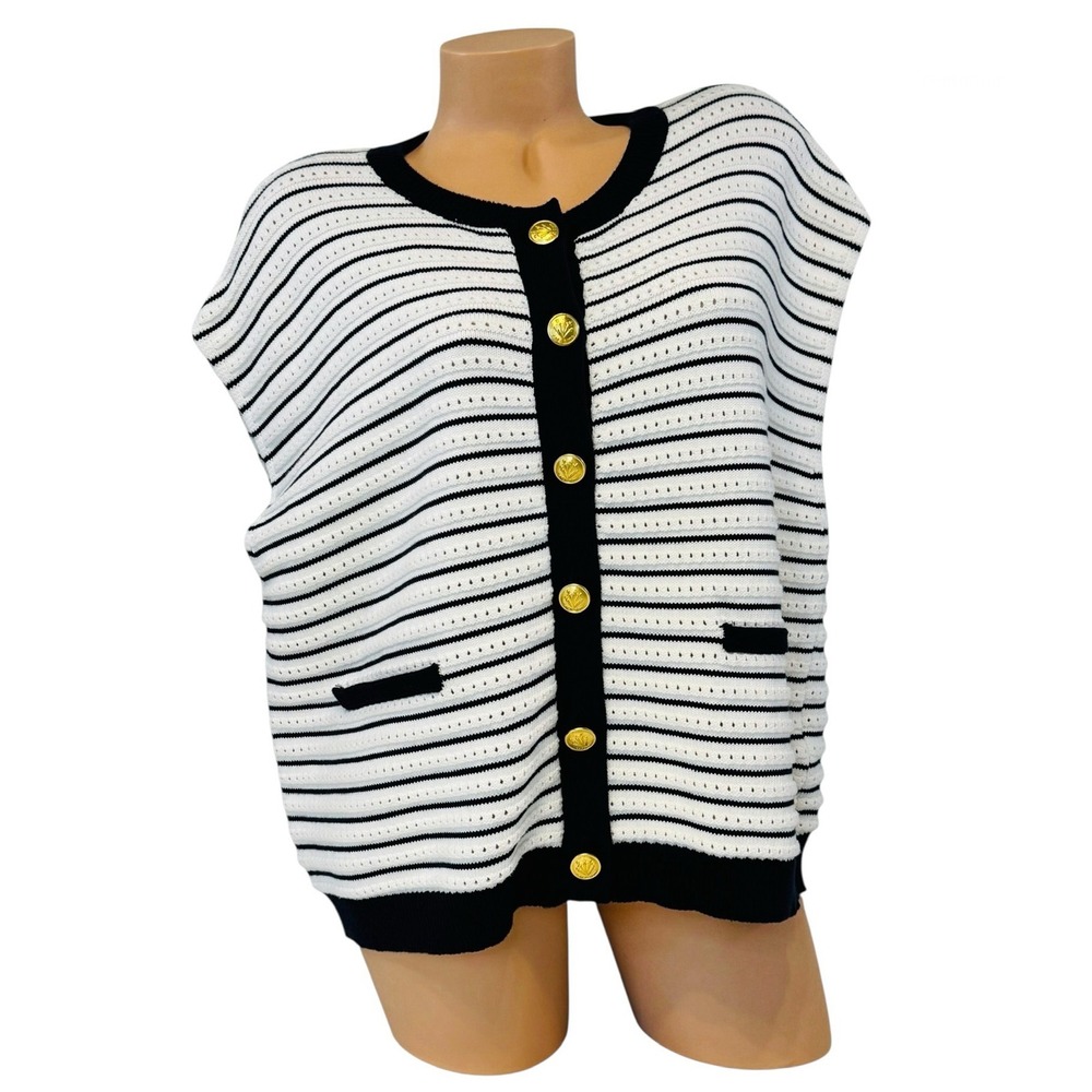 Rag & Bone Womens LARGE Vest Top Ivory Multi Stripe Knit Gold Button Sleeveless
